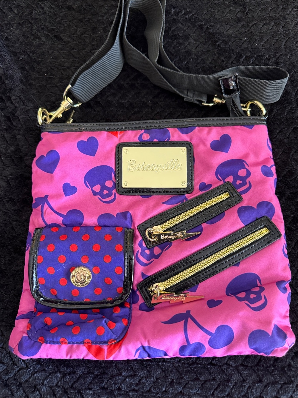 Betsey Johnson Pink and Purple Skull & Heart Crossbody Bag with Polka Dot Pocket